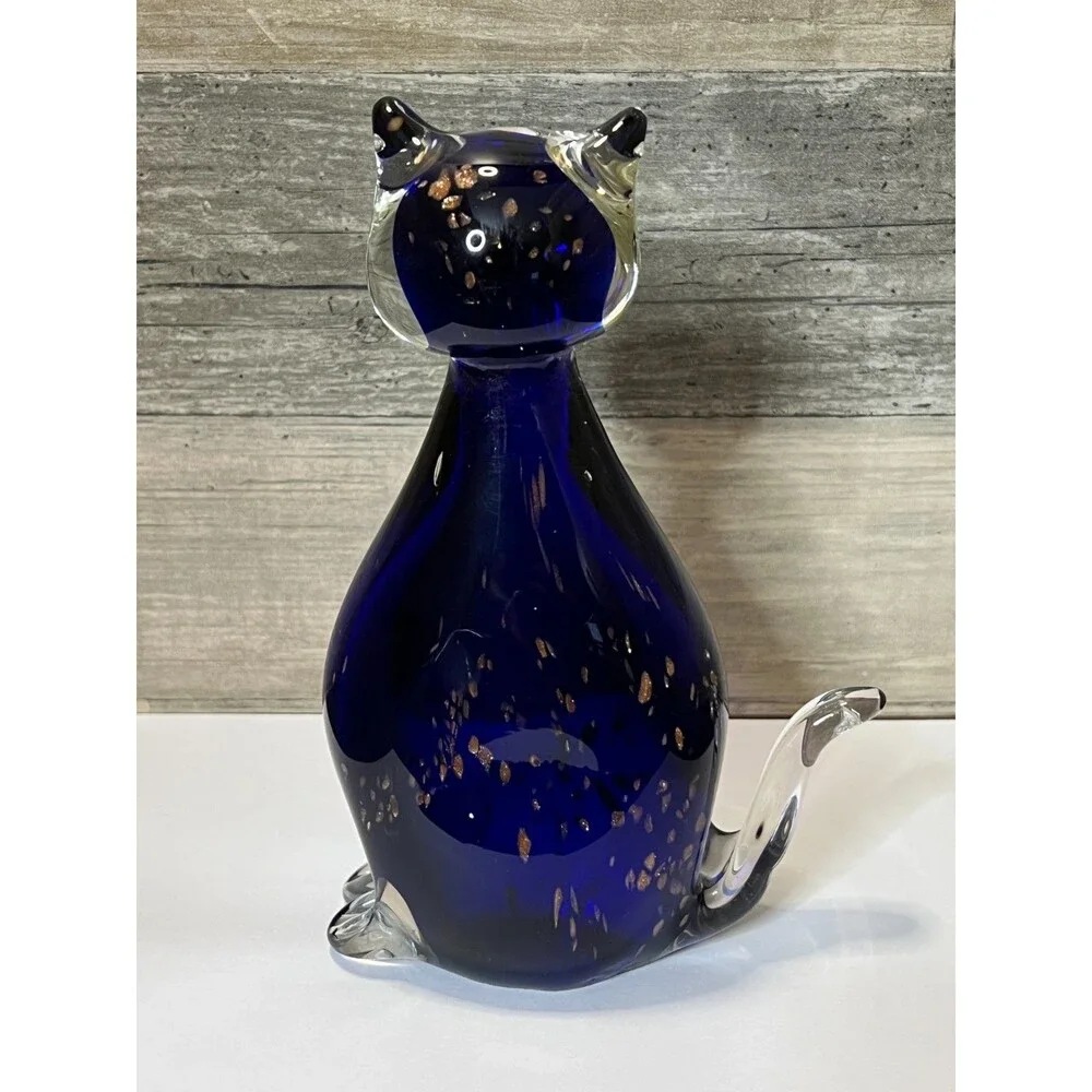 Vintage Art Glass Cobalt Blue and Clear Cat Figurine Gold Copper Flakes Inside